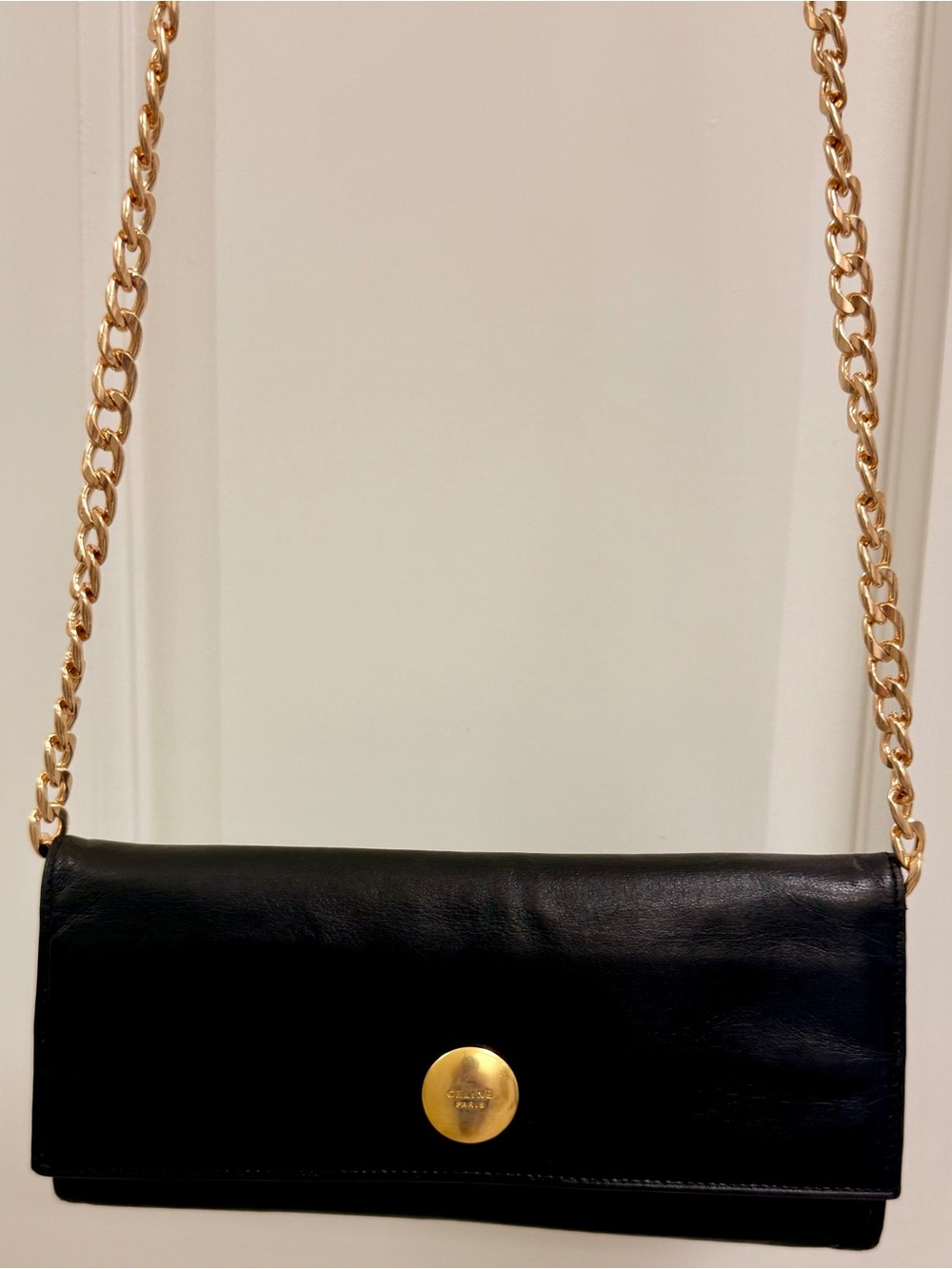 CELINE Vintage Y2K Quiet Luxury Minimalist Black Leather Wallet W/ Added Chain